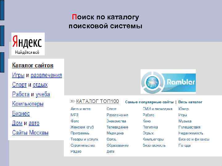 Поиск по каталогу поисковой системы 