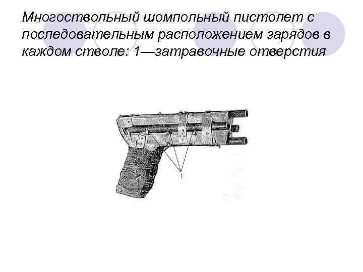 Многоствольный шомпольный пистолет с последовательным расположением зарядов в каждом стволе: 1—затравочные отверстия 