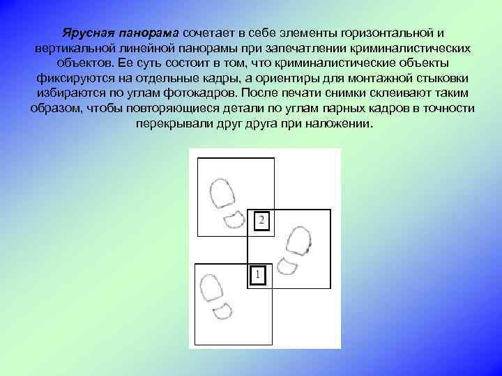 Ярусная панорама сочетает в себе элементы горизонтальной и вертикальной линейной панорамы при запечатлении криминалистических