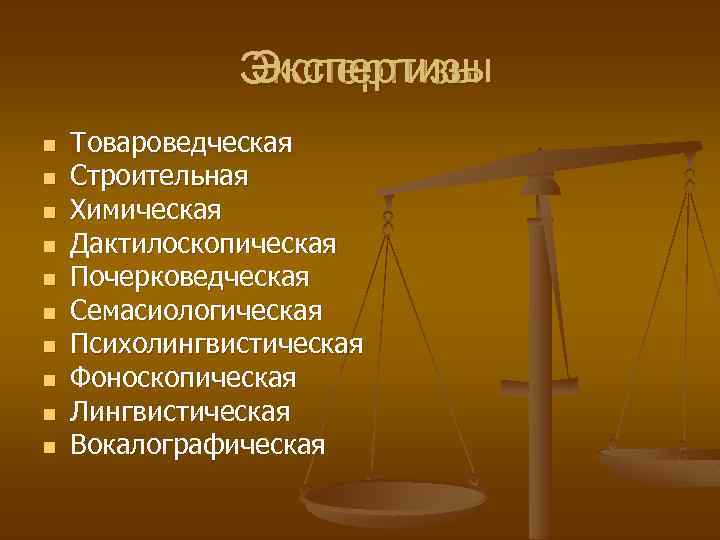 Экспертизы n n n n n Товароведческая Строительная Химическая Дактилоскопическая Почерковедческая Семасиологическая Психолингвистическая Фоноскопическая
