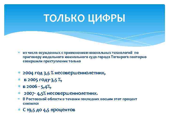 ТОЛЬКО ЦИФРЫ из числа осужденных с применением ювенальных технологий по приговору модельного ювенального суда