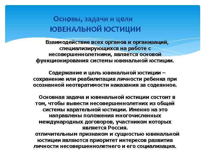  Основы, задачи и цели ЮВЕНАЛЬНОЙ ЮСТИЦИИ Взаимодействие всех органов и организаций, специализирующихся на