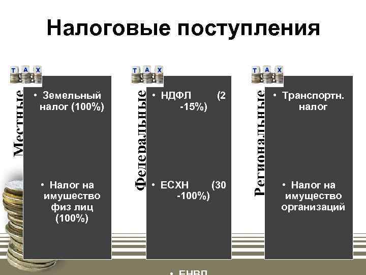  • Налог на имушество физ лиц (100%) • НДФЛ (2 -15%) • ЕСХН