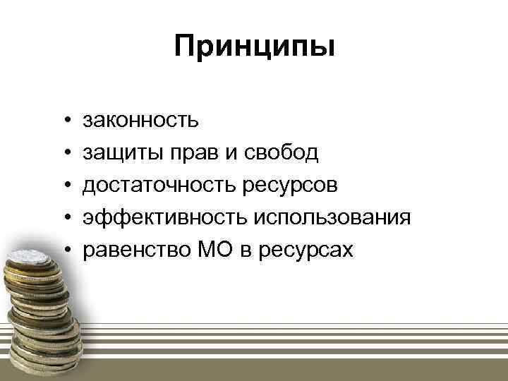 Принципы • • • законность защиты прав и свобод достаточность ресурсов эффективность использования равенство