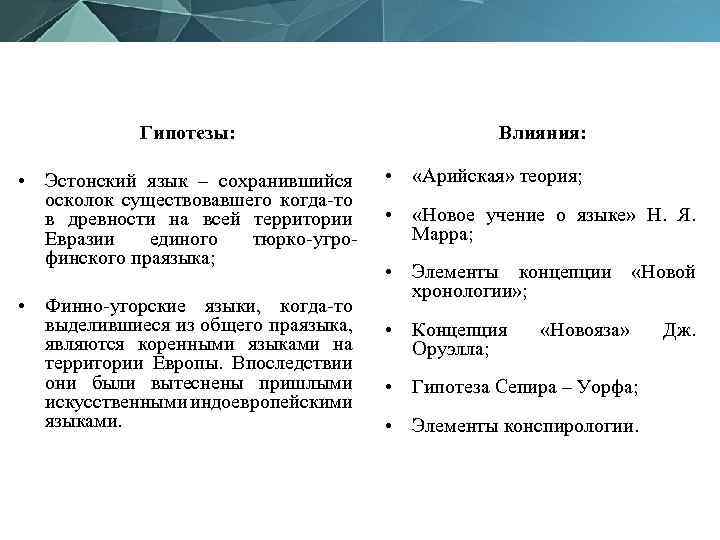 Гипотезы: • Эстонский язык – сохранившийся осколок существовавшего когда-то в древности на всей территории