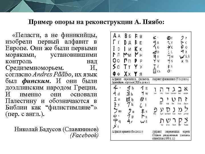 Пример опоры на реконструкции А. Пяябо: «Пеласги, а не финикийцы, изобрели первый алфавит в