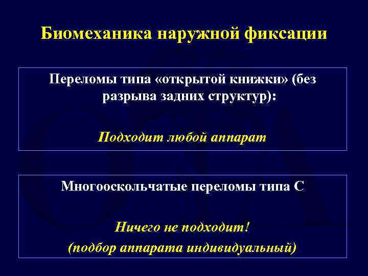 Биомеханика наружной фиксации Переломы типа «открытой книжки» (без разрыва задних структур): Подходит любой аппарат