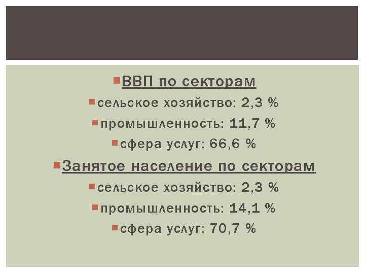  ВВП по секторам сельское хозяйство: 2, 3 % промышленность: 11, 7 % сфера