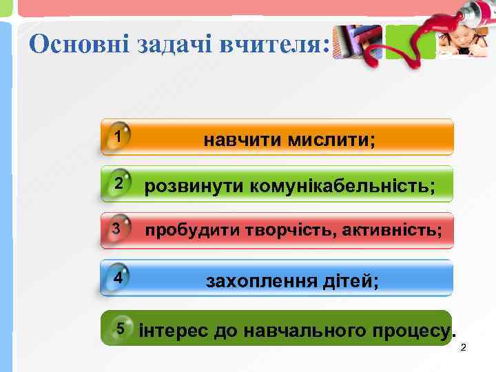 Основні задачі вчителя: 1 навчити мислити; 2 розвинути комунікабельність; 3 пробудити творчість, активність; 4