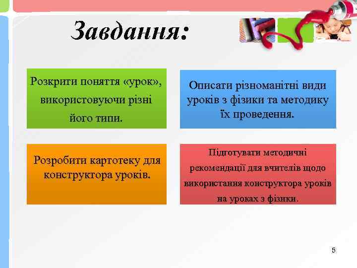Завдання: Розкрити поняття «урок» , використовуючи різні його типи Розробити картотеку для конструктора уроків.