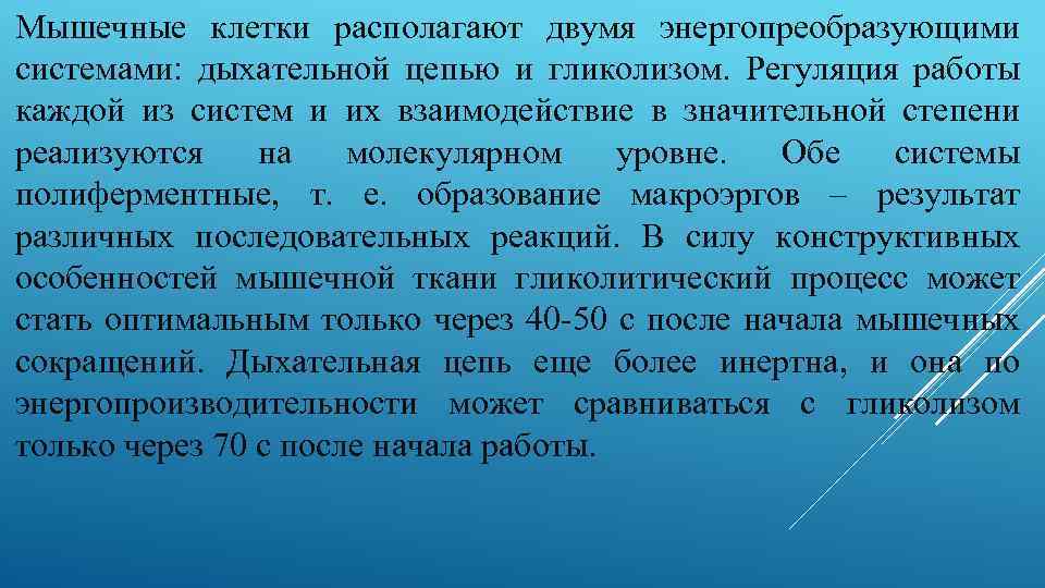 Мышечные клетки располагают двумя энергопреобразующими системами: дыхательной цепью и гликолизом. Регуляция работы каждой из
