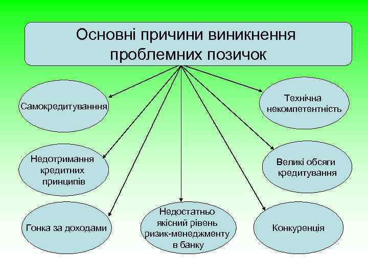 Основні причини виникнення проблемних позичок Самокредитуванння Технічна некомпетентність Недотримання кредитних принципів Великі обсяги кредитування
