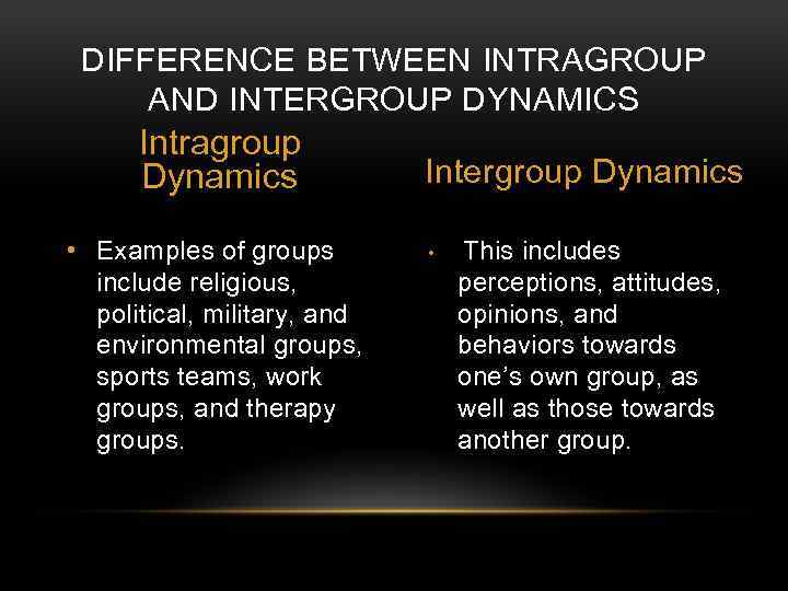 DIFFERENCE BETWEEN INTRAGROUP AND INTERGROUP DYNAMICS Intragroup Dynamics • Examples of groups include religious,