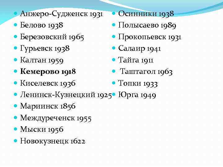  Анжеро-Судженск 1931 Осинники 1938 Полысаево 1989 Белово 1938 Березовский 1965 Прокопьевск 1931 Гурьевск