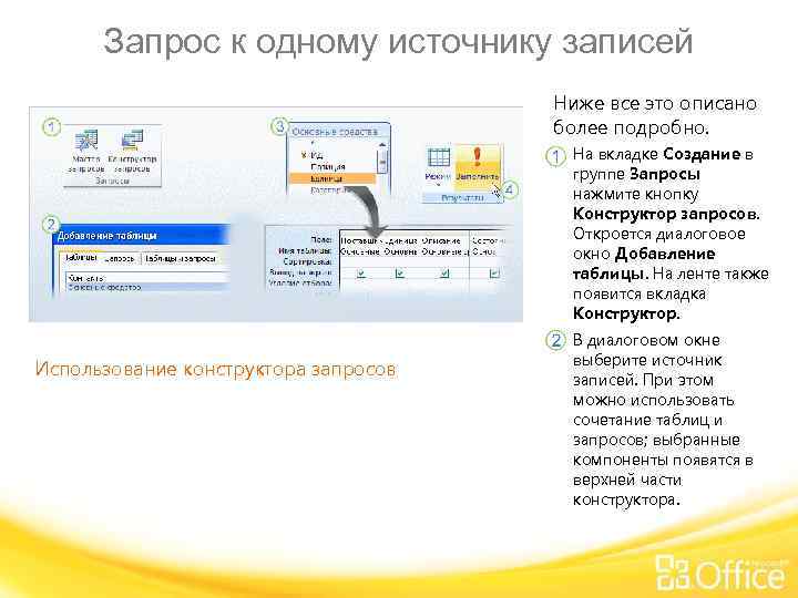 Запрос к одному источнику записей Ниже все это описано более подробно. На вкладке Создание
