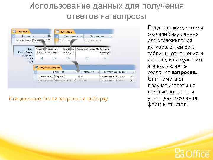 Использование данных для получения ответов на вопросы Стандартные блоки запроса на выборку Предположим, что