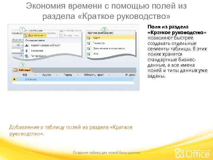 Экономия времени с помощью полей из раздела «Краткое руководство» Поля из раздела «Краткое руководство»