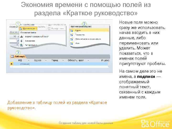 Экономия времени с помощью полей из раздела «Краткое руководство» Новые поля можно сразу же