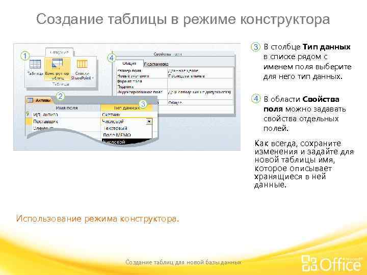 Создание таблицы в режиме конструктора В столбце Тип данных в списке рядом с именем