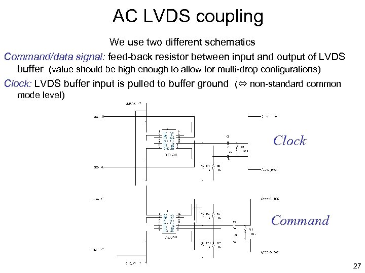AC LVDS coupling We use two different schematics Command/data signal: feed-back resistor between input