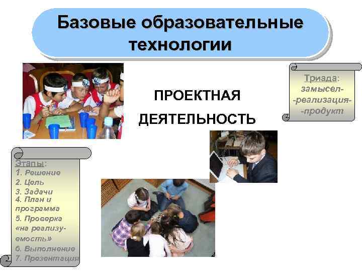 Базовые образовательные технологии ПРОЕКТНАЯ ДЕЯТЕЛЬНОСТЬ Этапы: 1. Решение 2. Цель 3. Задачи 4. План