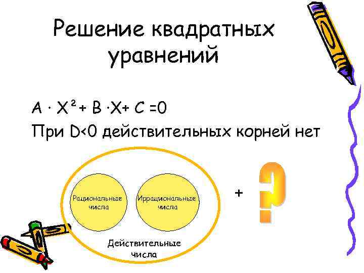 Решение квадратных уравнений А · Х²+ В ·Х+ С =0 При D<0 действительных корней