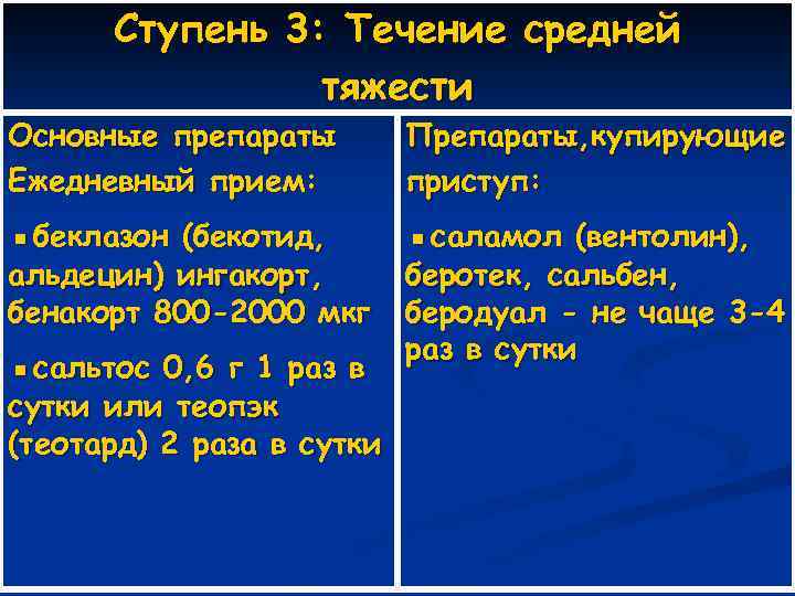 Ступень 3: Течение средней тяжести Основные препараты Ежедневный прием: Препараты, купирующие приступ: ▪беклазон (бекотид,