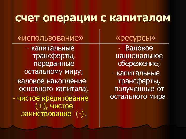 счет операции с капиталом «использование» - капитальные трансферты, переданные остальному миру; -валовое накопление основного