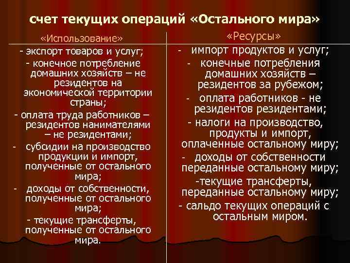 счет текущих операций «Остального мира» «Использование» - экспорт товаров и услуг; - конечное потребление