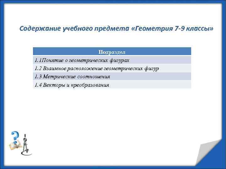 Содержание учебного предмета «Геометрия 7 -9 классы» Подраздел 1. 1 Понятие о геометрических фигурах