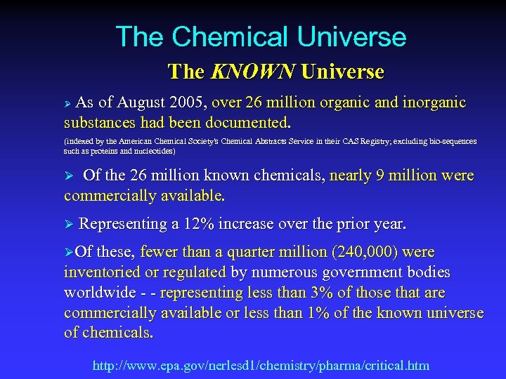The Chemical Universe The KNOWN Universe As of August 2005, over 26 million organic