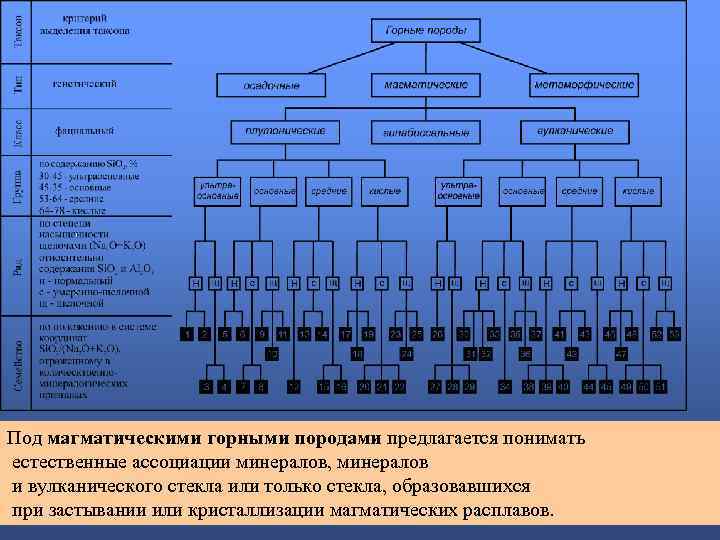 Под магматическими горными породами предлагается понимать естественные ассоциации минералов, минералов и вулканического стекла или