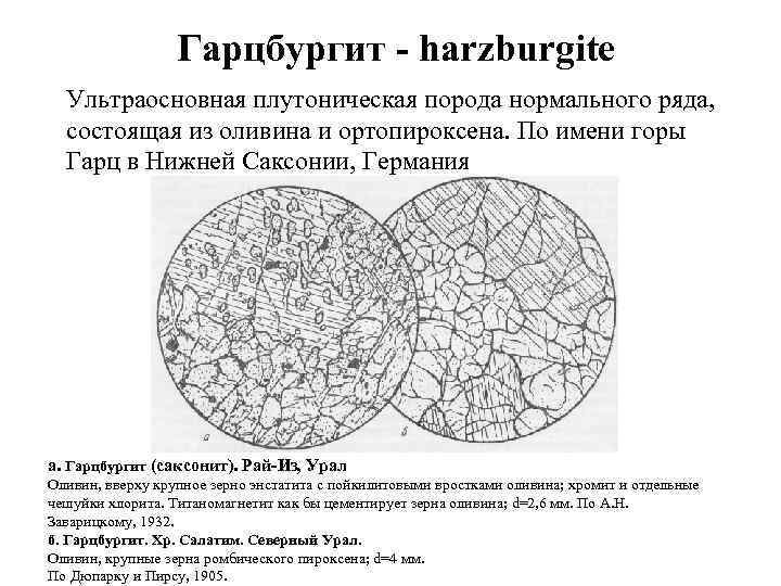 Гарцбургит - harzburgite Ультраосновная плутоническая порода нормального ряда, состоящая из оливина и ортопироксена. По