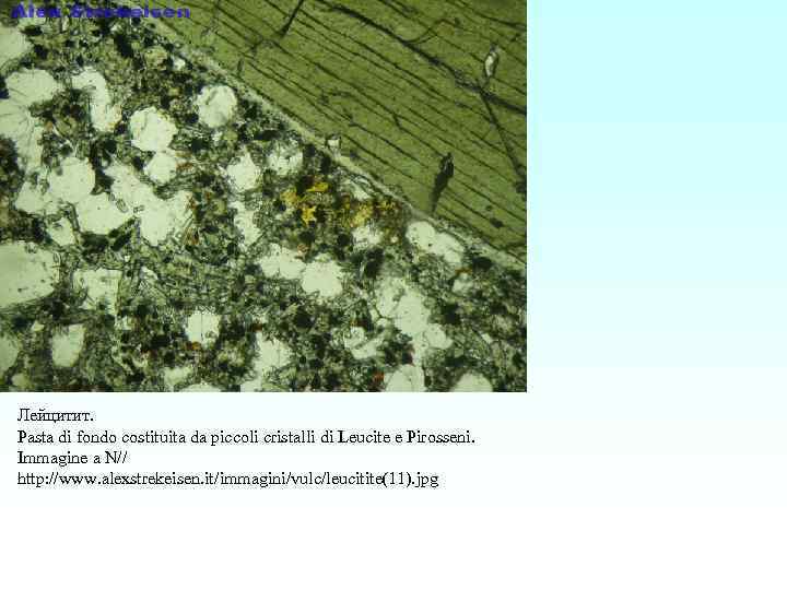 Лейцитит. Pasta di fondo costituita da piccoli cristalli di Leucite e Pirosseni. Immagine a