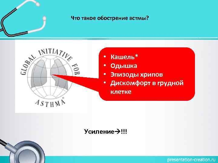 Что такое обострение астмы? • • Кашель* Одышка Эпизоды хрипов Дискомфорт в грудной клетке