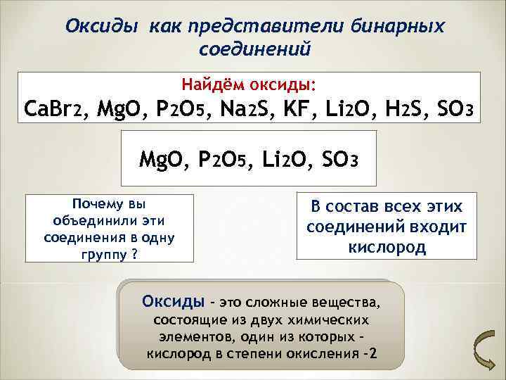 Оксиды как представители бинарных соединений Найдём оксиды: Ca. Br 2, Mg. O, P 2