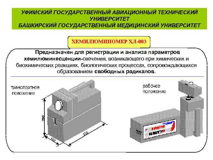 УФИМСКИЙ ГОСУДАРСТВЕННЫЙ АВИАЦИОННЫЙ ТЕХНИЧЕСКИЙ УНИВЕРСИТЕТ БАШКИРСКИЙ ГОСУДАРСТВЕННЫЙ МЕДИЦИНСКИЙ УНИВЕРСИТЕТ ХЕМИЛЮМИНОМЕР ХЛ-003 Предназначен для регистрации
