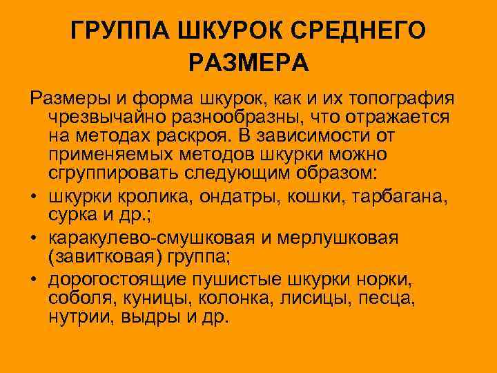 ГРУППА ШКУРОК СРЕДНЕГО РАЗМЕРА Размеры и форма шкурок, как и их топография чрезвычайно разнообразны,