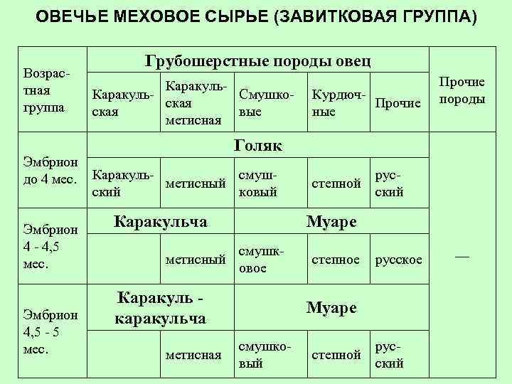 ОВЕЧЬЕ МЕХОВОЕ СЫРЬЕ (ЗАВИТКОВАЯ ГРУППА) Возрастная группа Грубошерстные породы овец Каракуль. Смушкоская вые метисная