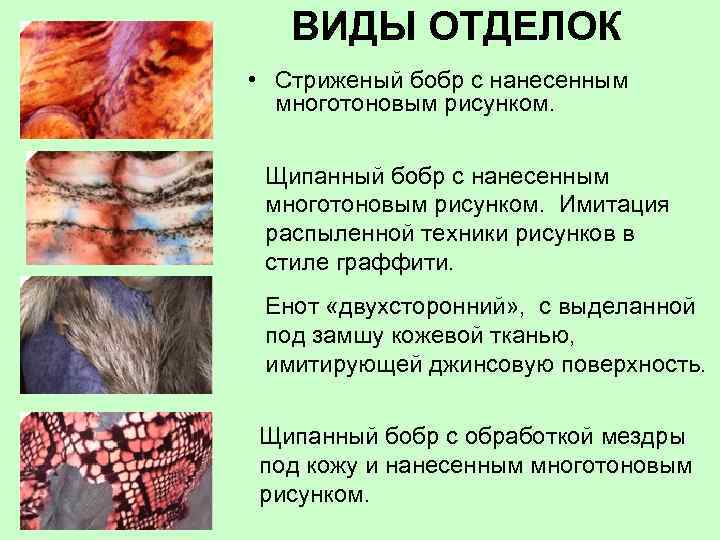 ВИДЫ ОТДЕЛОК • Стриженый бобр с нанесенным многотоновым рисунком. Щипанный бобр с нанесенным многотоновым