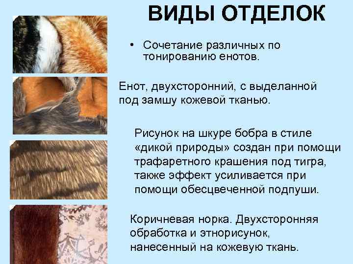 ВИДЫ ОТДЕЛОК • Сочетание различных по тонированию енотов. Енот, двухсторонний, с выделанной под замшу