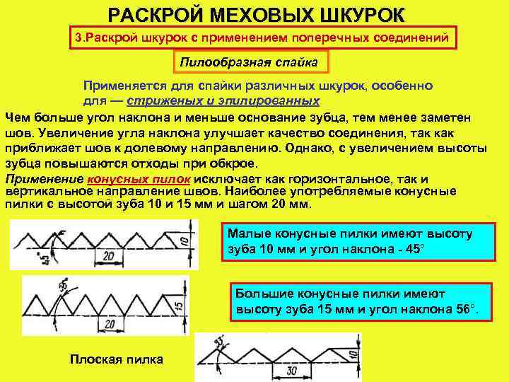 РАСКРОЙ МЕХОВЫХ ШКУРОК 3. Раскрой шкурок с применением поперечных соединений Пилообразная спайка Применяется для