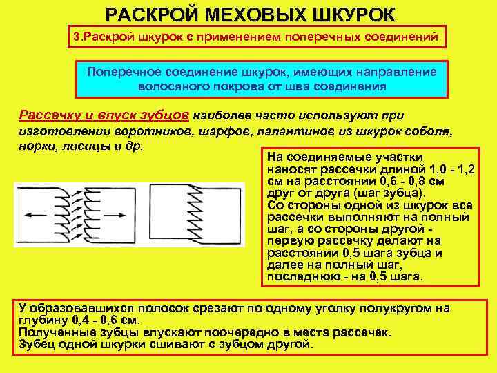 РАСКРОЙ МЕХОВЫХ ШКУРОК 3. Раскрой шкурок с применением поперечных соединений Поперечное соединение шкурок, имеющих