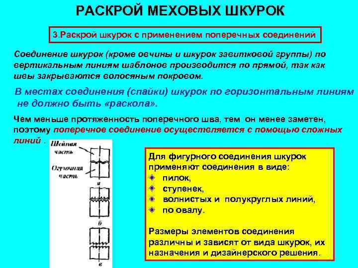 РАСКРОЙ МЕХОВЫХ ШКУРОК 3. Раскрой шкурок с применением поперечных соединений Соединение шкурок (кроме овчины