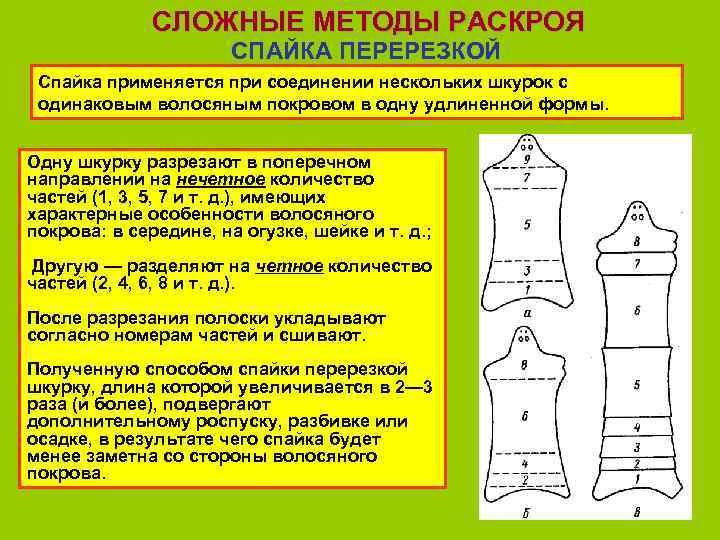 СЛОЖНЫЕ МЕТОДЫ РАСКРОЯ СПАЙКА ПЕРЕРЕЗКОЙ Спайка применяется при соединении нескольких шкурок с одинаковым волосяным