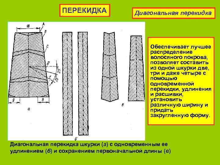 ПЕРЕКИДКА Диагональная перекидка Обеспечивает лучшее распределение волосяного покрова, позволяет составить из одной шкурки две,