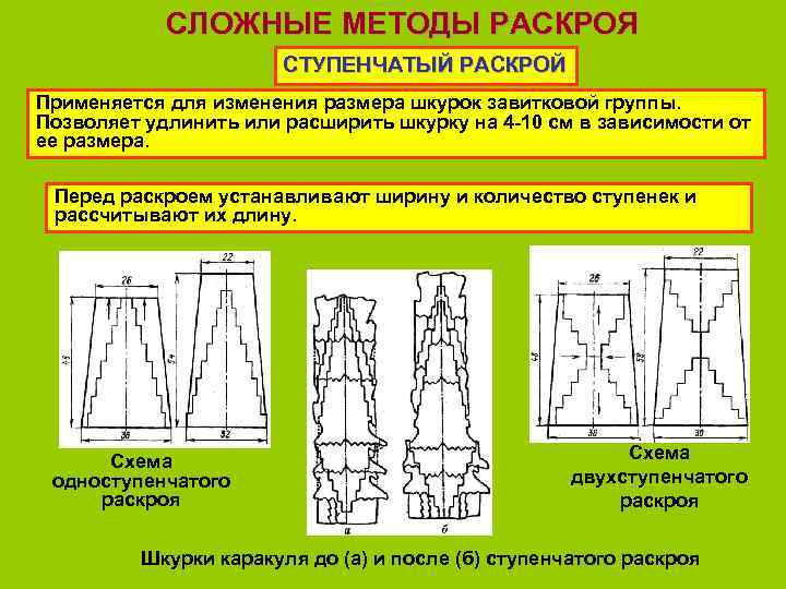 СЛОЖНЫЕ МЕТОДЫ РАСКРОЯ СТУПЕНЧАТЫЙ РАСКРОЙ Применяется для изменения размера шкурок завитковой группы. Позволяет удлинить