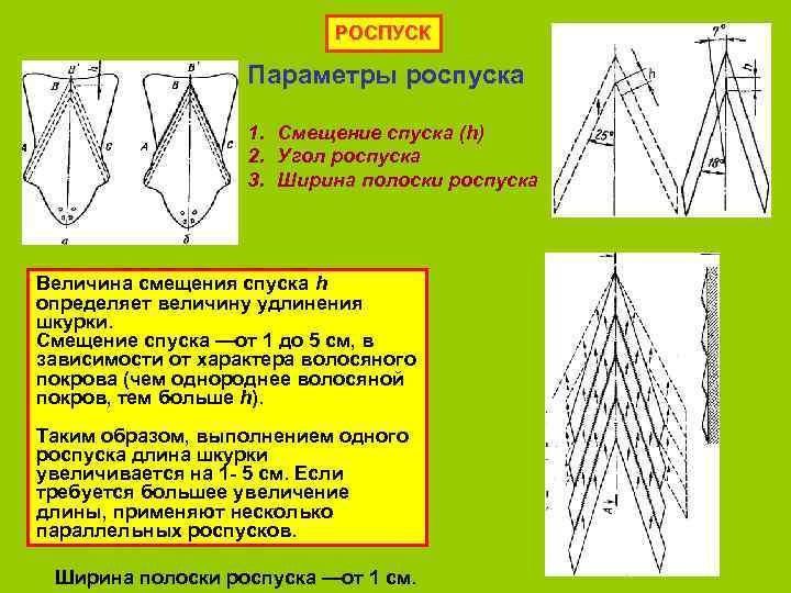 РОСПУСК Параметры роспуска 1. Смещение спуска (h) 2. Угол роспуска 3. Ширина полоски роспуска