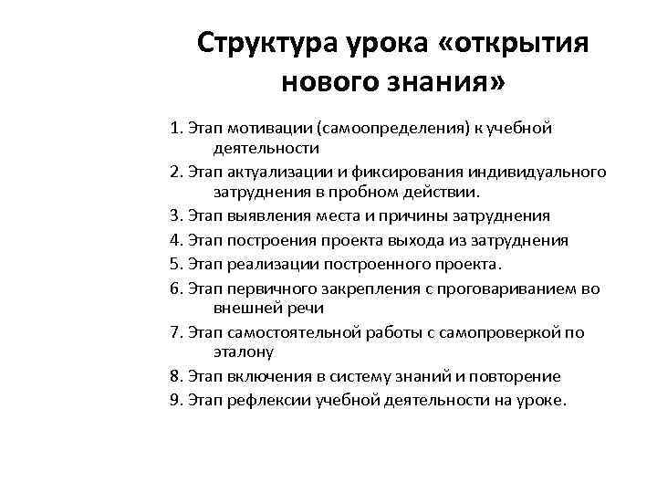 Структура урока «открытия нового знания» 1. Этап мотивации (самоопределения) к учебной деятельности 2. Этап