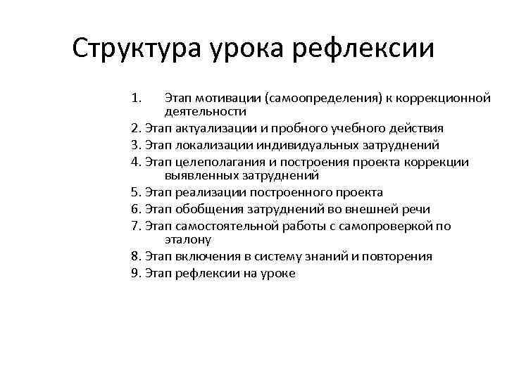 Структура урока рефлексии 1. Этап мотивации (самоопределения) к коррекционной деятельности 2. Этап актуализации и